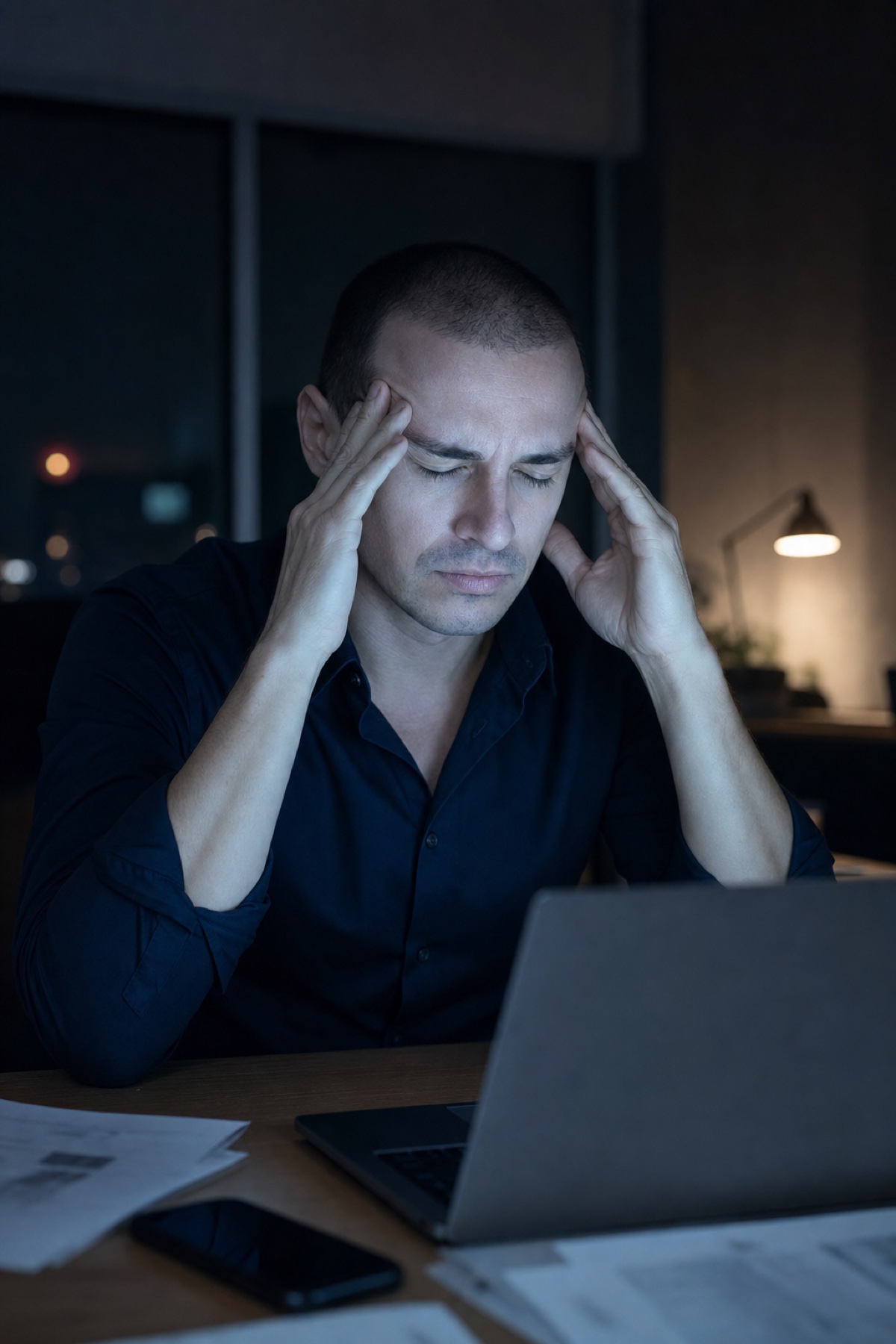 Shawn at his desk late at night, hands pressed to his temples in the burnout years