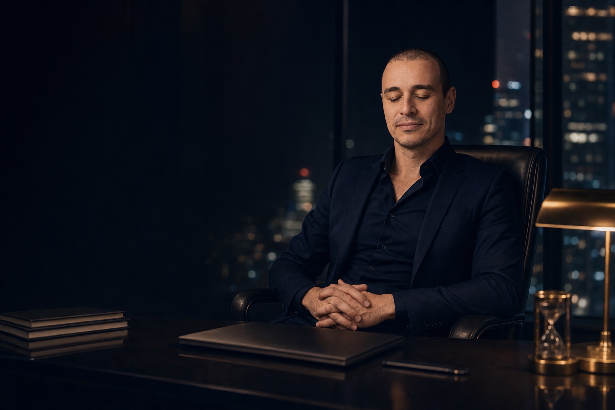 Shawn, founder of Regulated Founders, sitting in deliberate stillness at his desk at night